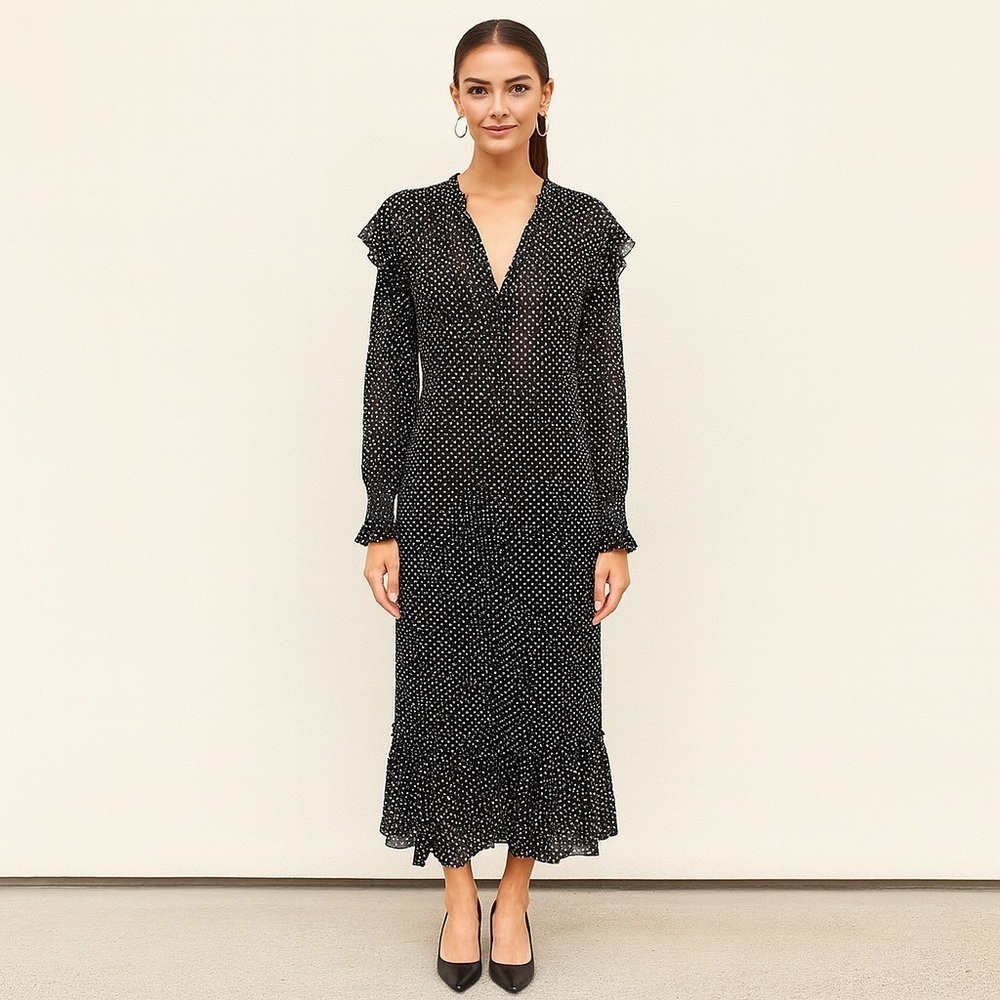 NEW ALLSAINTS Lara White Dot Black Sheer Long Sleeve High/Low Maxi Dress Size 2